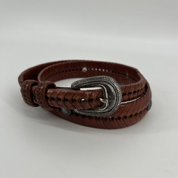 Vintage 90s Brown Leather Belt Braided Conchos Size 36 - Picture 1 of 8